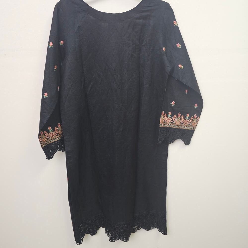 Posh Pakistani Kurta Set Embroidered Kaftan Dupatta Size M Black Floral Eid - Picture 8 of 9